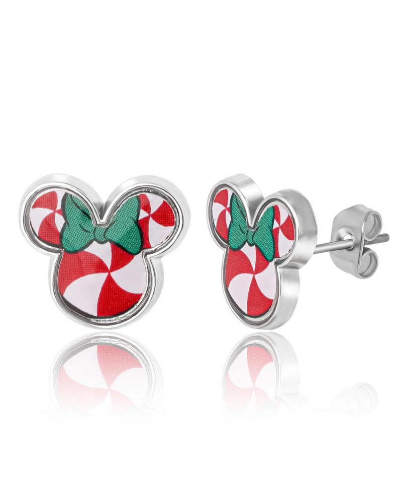 Holiday Stud Earring Set, 3 Pairs - Mickey Santa, Peppermint Ears and Gifts, Silver Tone