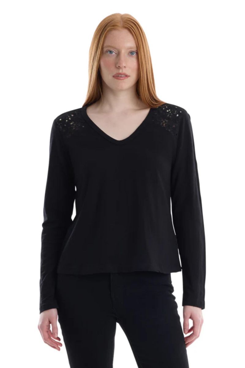 Women's Clothing V-Neck Long Sleeve Mixed Media Tee