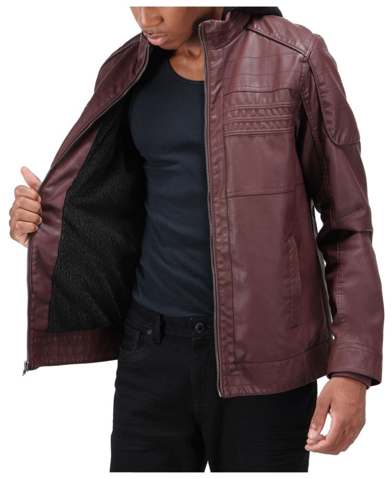 XRAY Men's Moto PU Jacket With Hood and Faux Shearling Lining