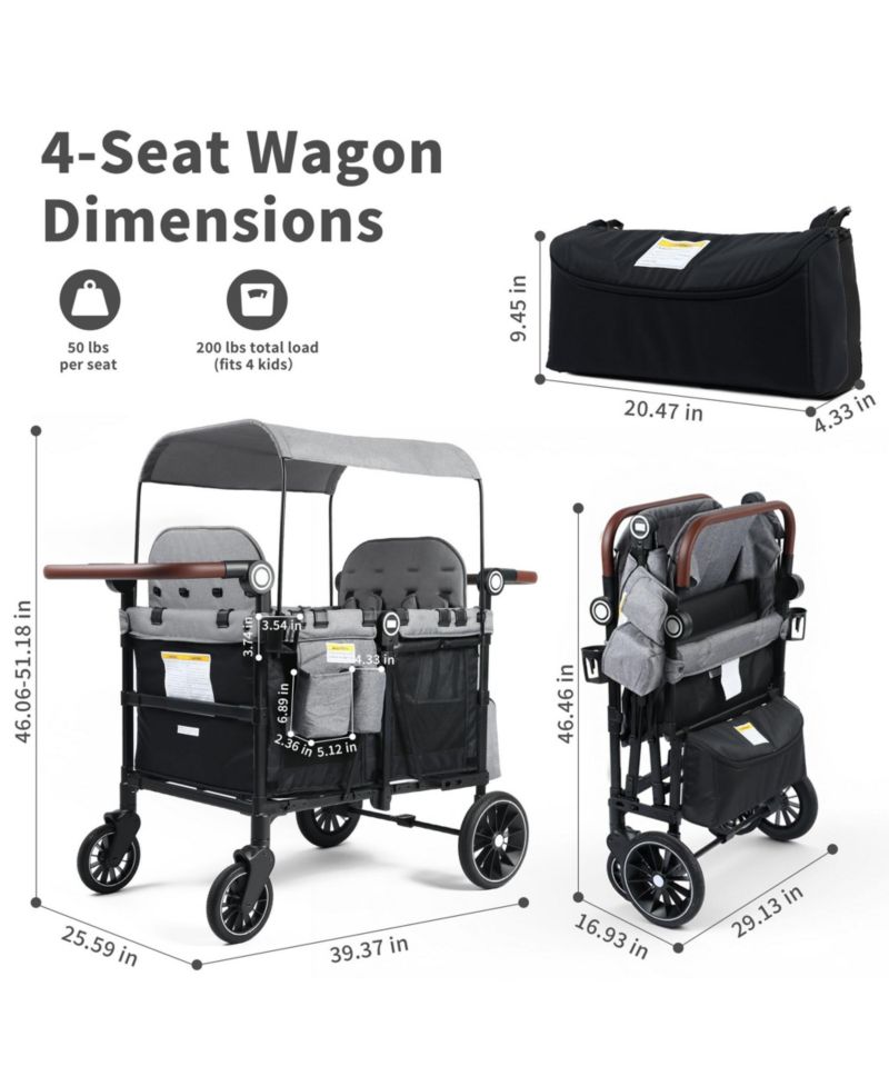 All-Terrain 4-Seat Stroller Wagon with Canopy, Shock-Absorbing Wheels, Snack Tray, Storage Bag & Adjustable Handle