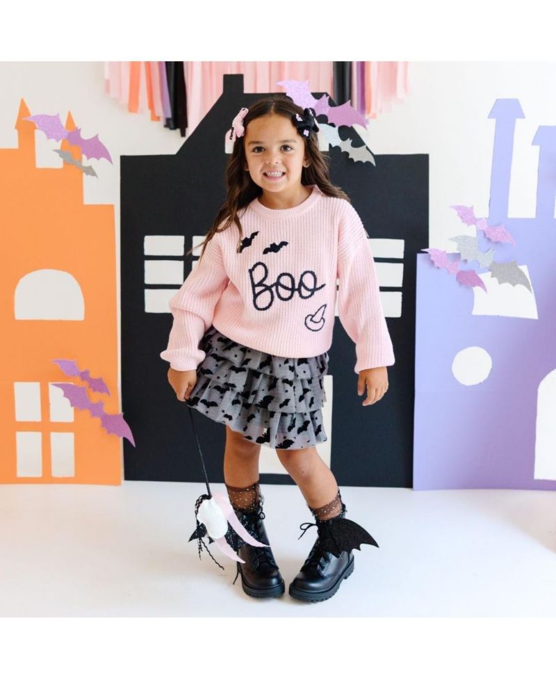 Little and Big Girls Flocked Bats Halloween Bow Tiered Tutu Skirt