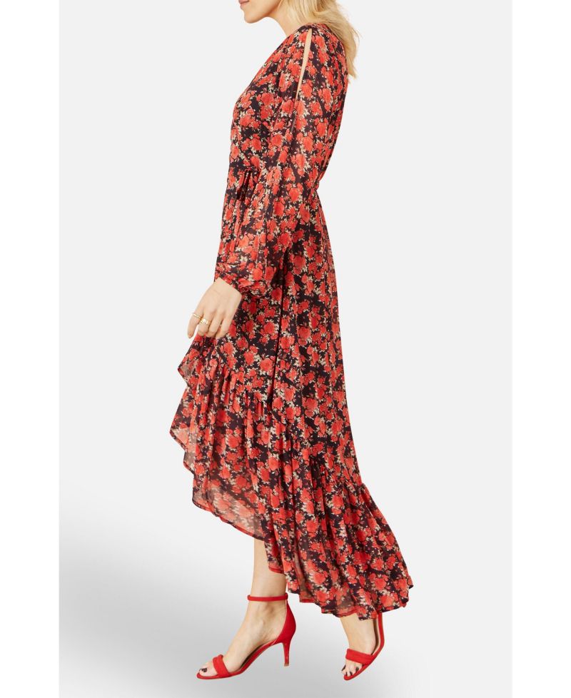 Women's Rose Print Dipped Hemline Midi Dress
