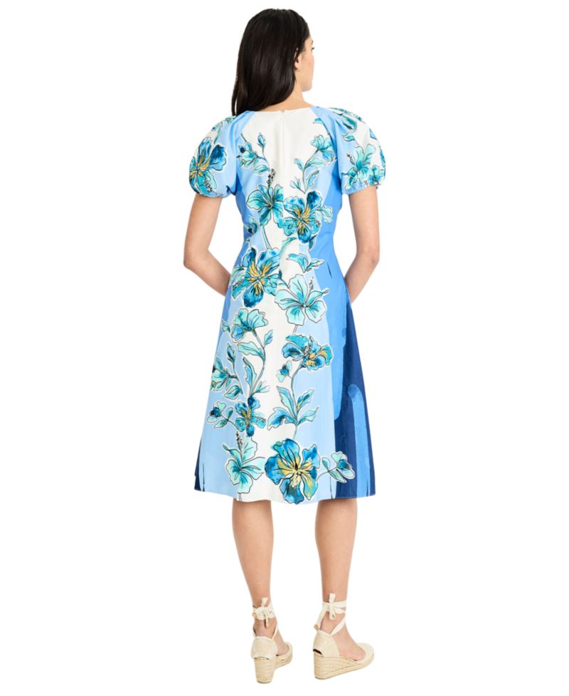 Women's Puff-Sleeve V-Neck Midi Dress