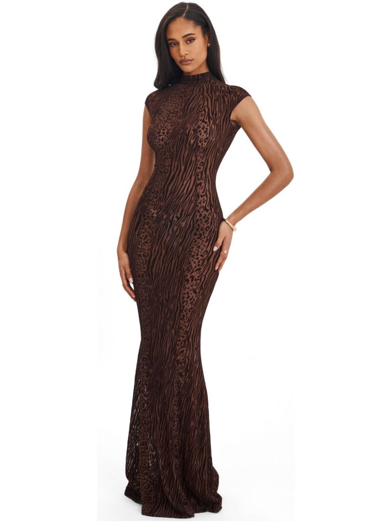 Women's Tyanna Mocha Burnout Velvet Mesh Backless Mermaid Maxi Dress