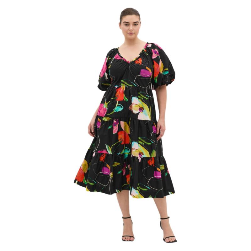 Women's Plus Size Fantasy Print Puff Sleeve Midi Dress