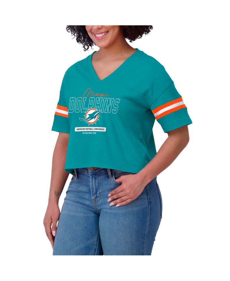 Women's Aqua Miami Dolphins Color Block Boxy Modest Crop V-neck T-shirt