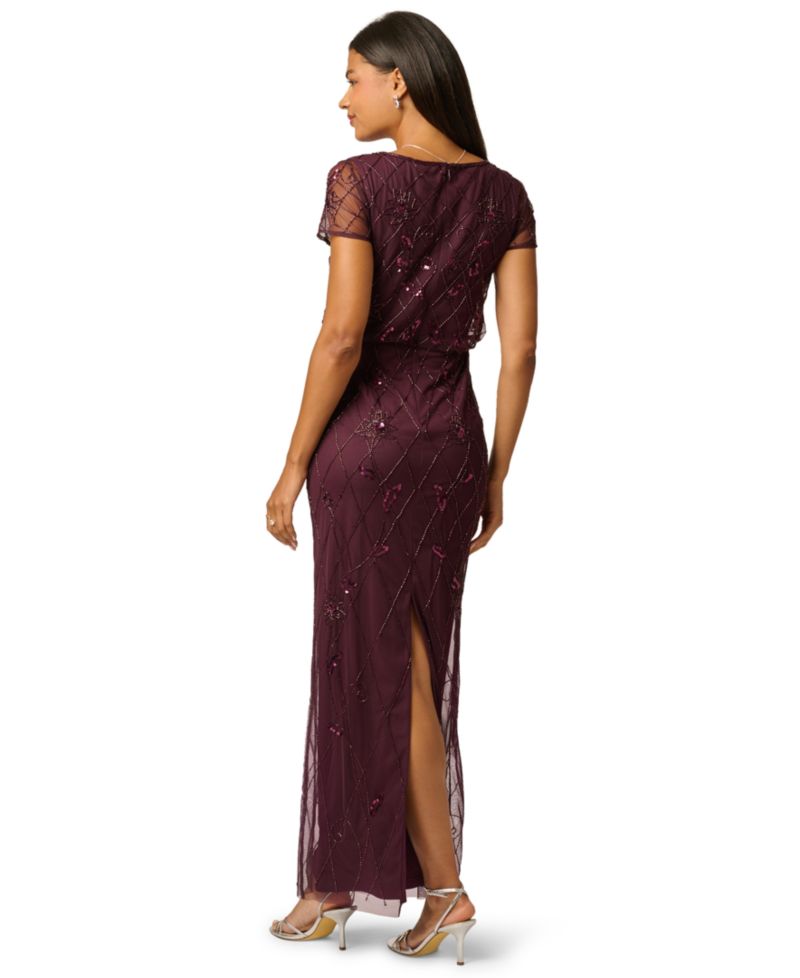 Women's Bead Blouson Boat Neck Short-Sleeve Long Dress
