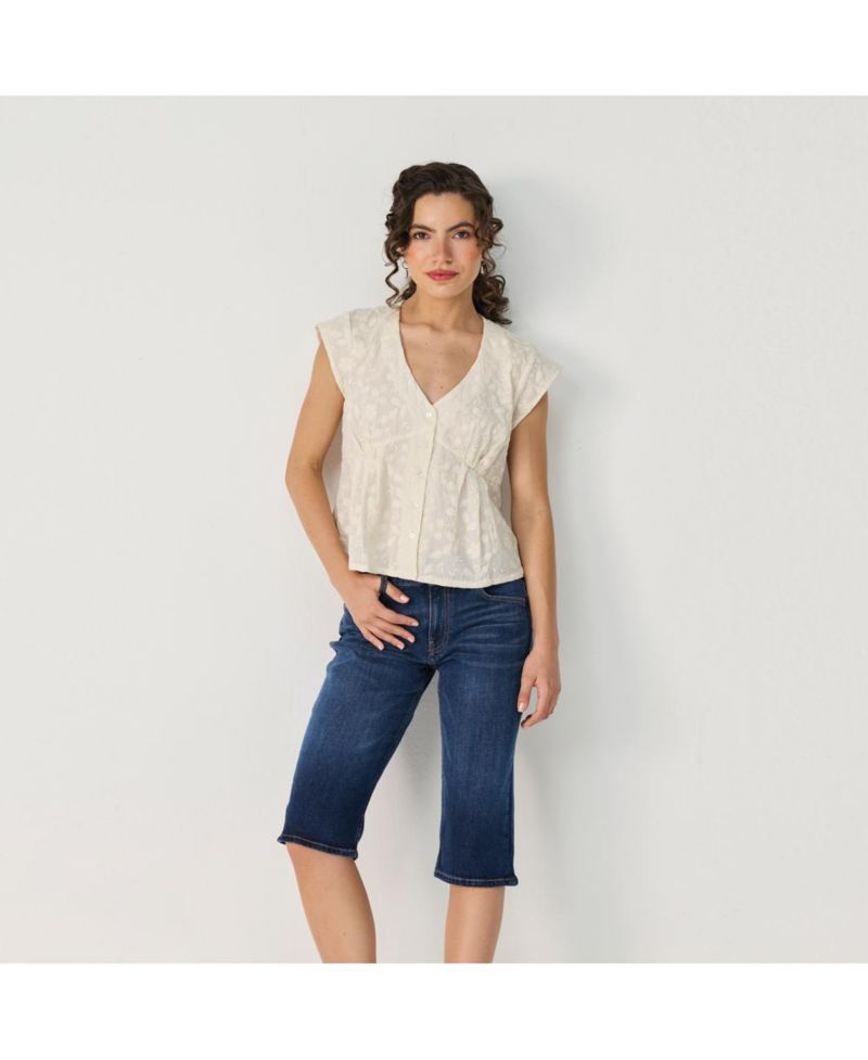 Women's Cream Embroidered Deep V-Neck Top