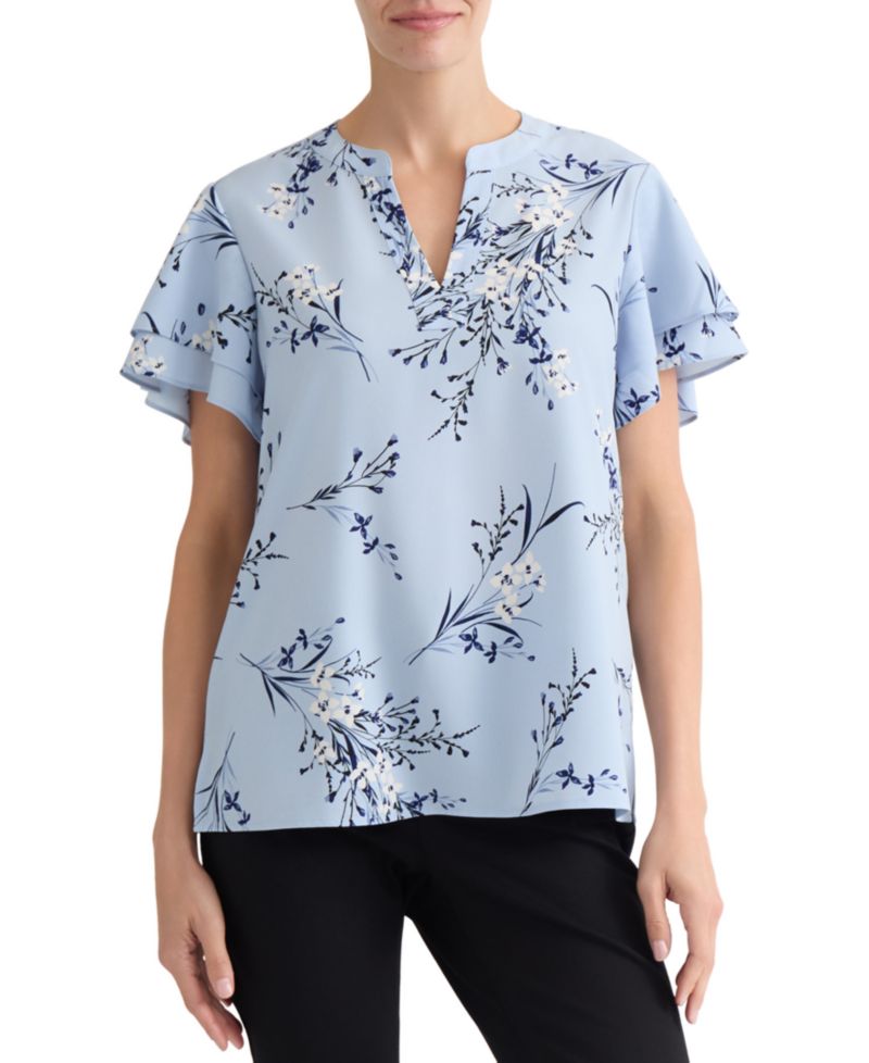 Petite Floral-Print Short-Sleeve Blouse
