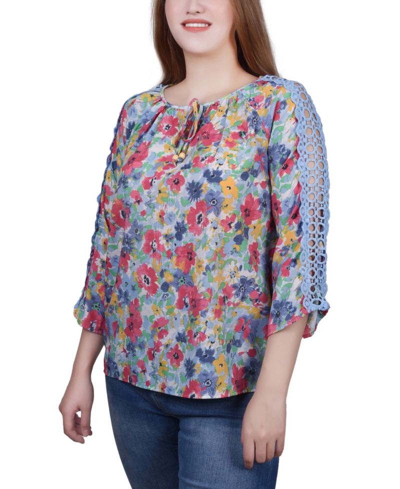 Petite 3/4 Sleeve Tunic with Crochet and Tie Neck