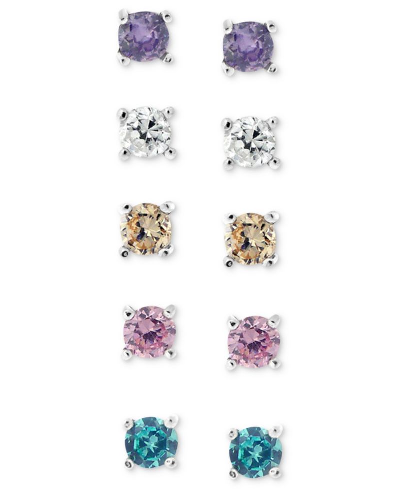 Sterling Silver Earring Set, Multicolor Cubic Zirconia Five Stud Earring Set (1 ct. t.w.)