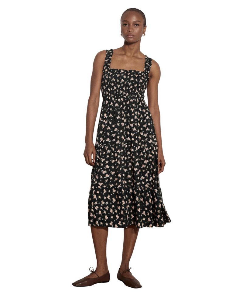 Women's Floral-Print Square Neck Smocked Midi Dress