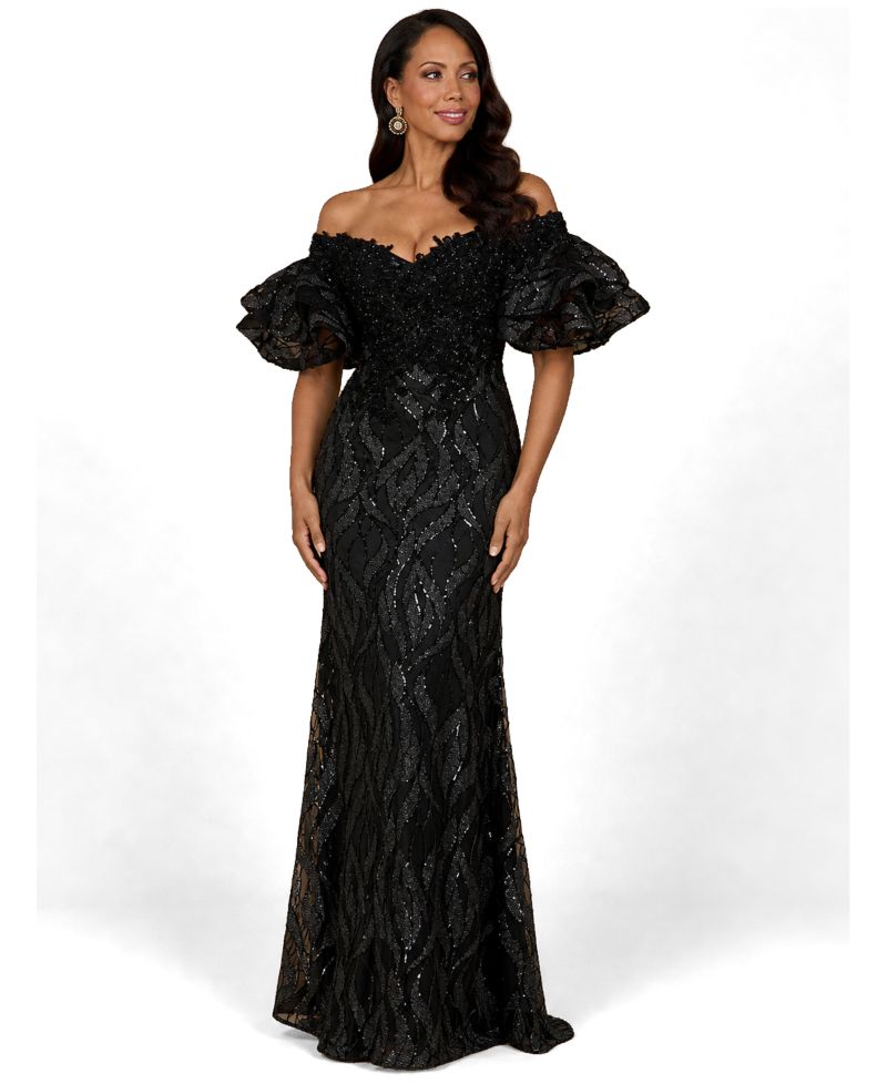Women's Off Shoulder Mermaid Beaded Gown with Tiered Sleeves