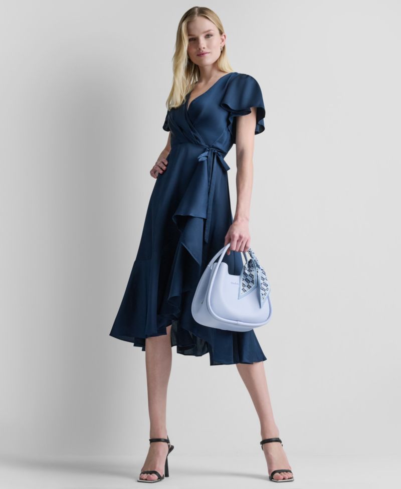 Women's Side Tie Faux Wrap Midi Dress