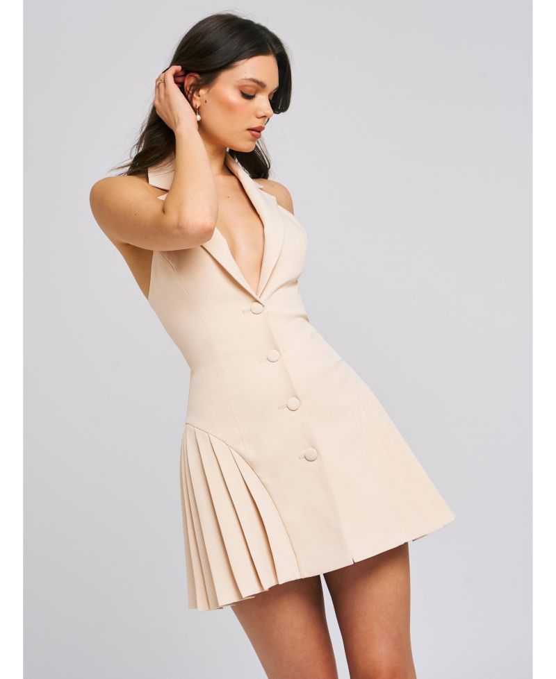Women's Reyna Beige Backless Pleated Mini Blazer Dress