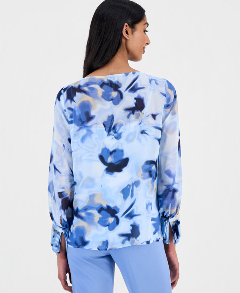 Women's Printed Pleated-Cuff Blouse