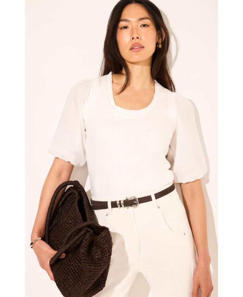Women's Puff-Sleeve Scoop-Neck Top with Trim Detailing