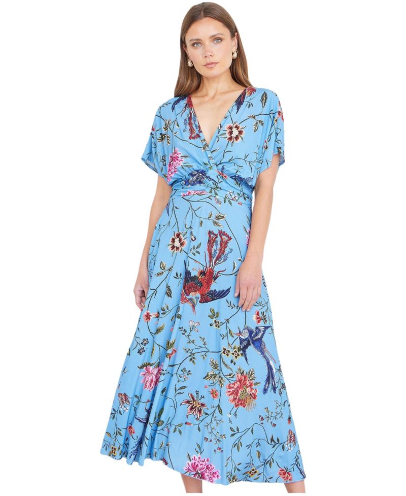 Women's Bird And Floral Print Midi Dress