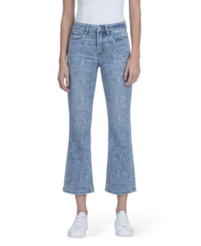 Women's High Rise Floral Print Crop Easy Flare Jeans