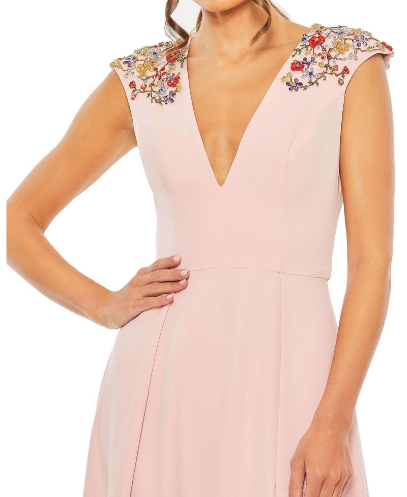 Women's Beaded Cap Sleeve V Neck A Line Gown