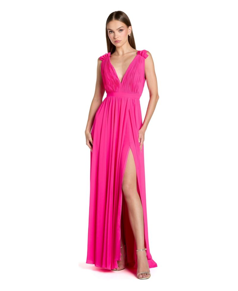 Women's Sleeveless Pleated Chiffon V-Neck Gown