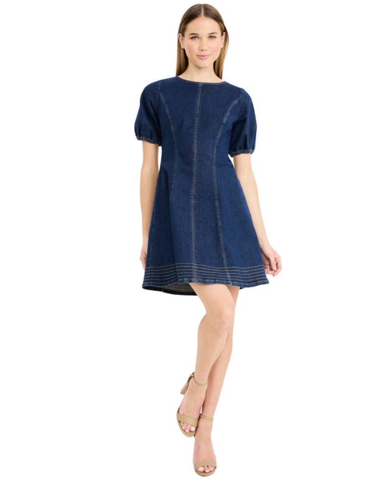 Women's Puff-Sleeve A-Line Denim Dress