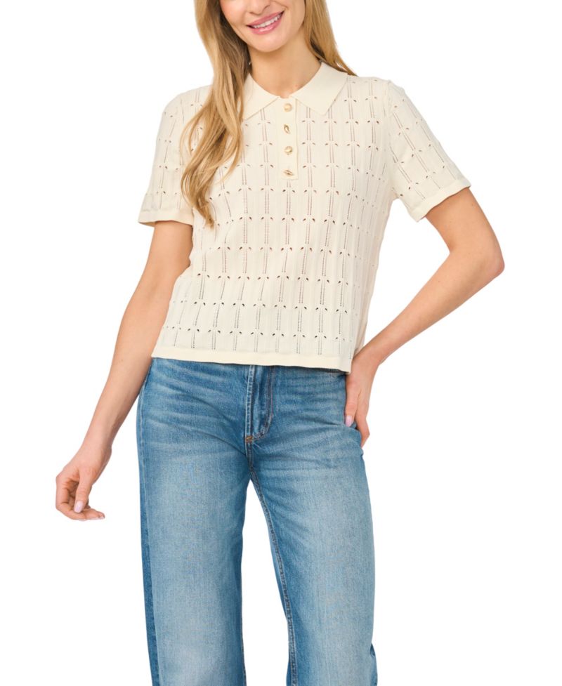 Women's Pointelle Short-Sleeve Collared Sweater