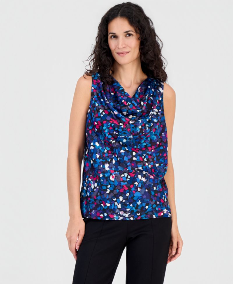 Women's Printed Pleated Cowlneck Sleeveless Top