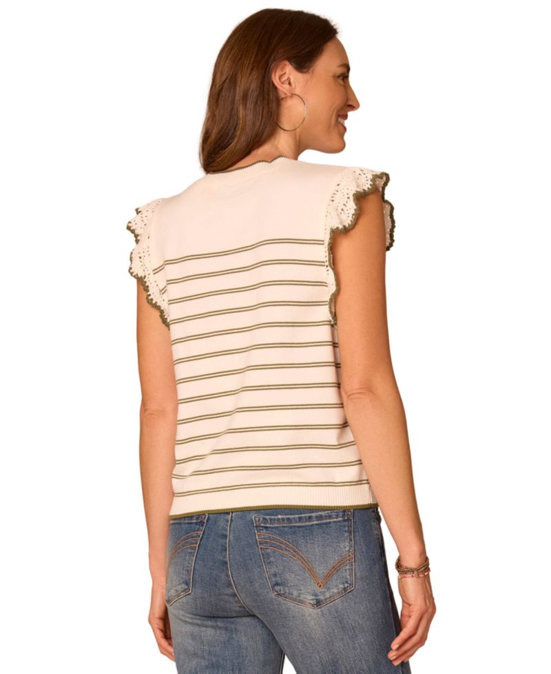 Women's Striped Crochet Flutter-Sleeve Sweater Top