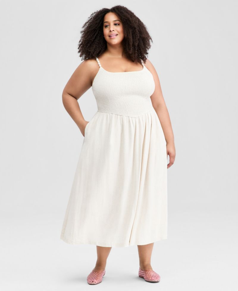 Petite Linen-Blend Beaded Strap Smocked Midi Dress