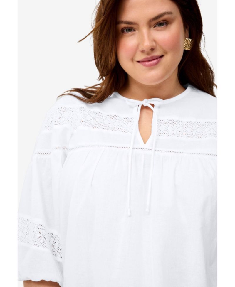 Women's 100% Cotton A-Line Three-Quarter Sleeve Keyhole Neck Blouse With Crochet Trim