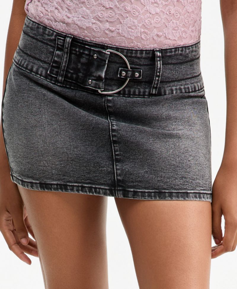Juniors' Belted Denim Micro Mini Skirt