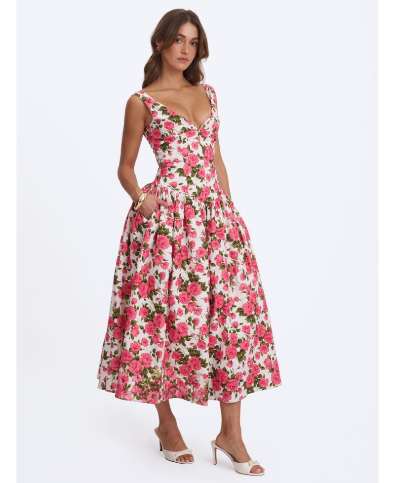 Women Wilfreda Blooming Pink Floral Linen Sweetheart Midi Dress