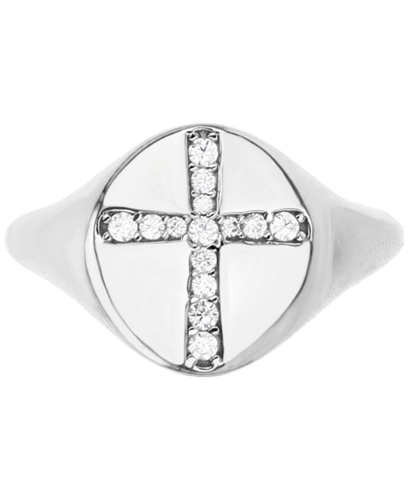 Cubic Zirconia Pav&eacute; Cross Polished Signet Ring