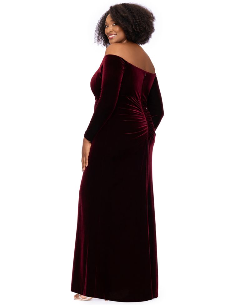 Plus Size Off-the-Shoulder Velvet Long-Sleeve Gown
