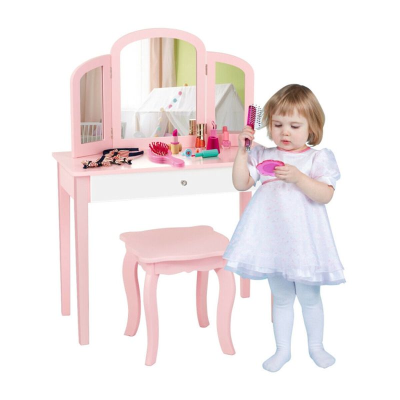 Kids Princess Vanity Dressing Table Set with Tri-Fold Mirror and Chair