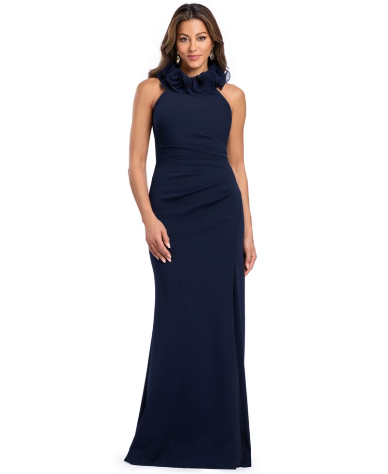 Women's Jessica Halter Ruffled-Collar Ruched Side-Slit Gown