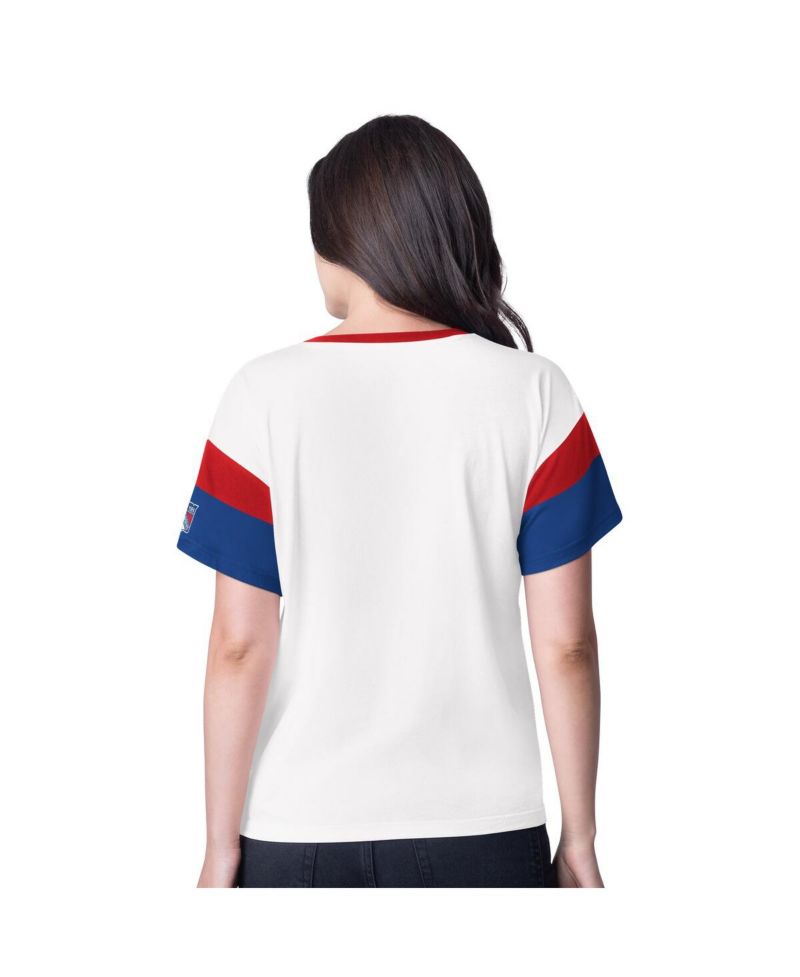 Women's White New York Rangers Rink Oversized Rhinestone V-Neck T-Shirt