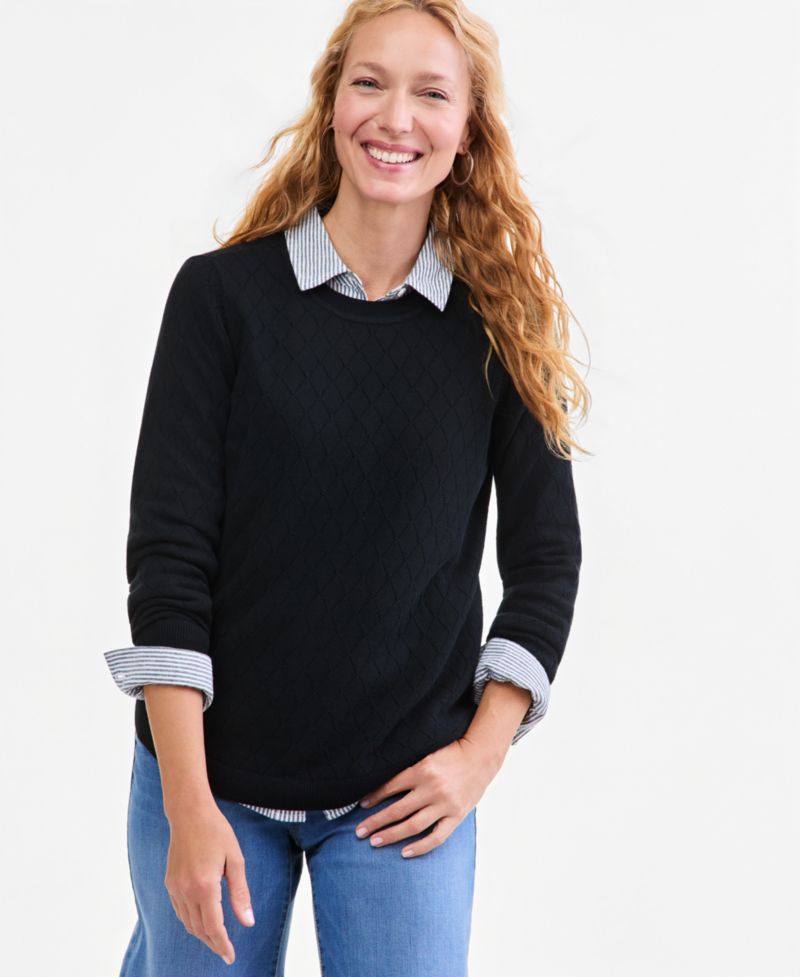 Petite Solid Curved Hem Crew Long-Sleeve Mixed-Textured Stitch Sweater