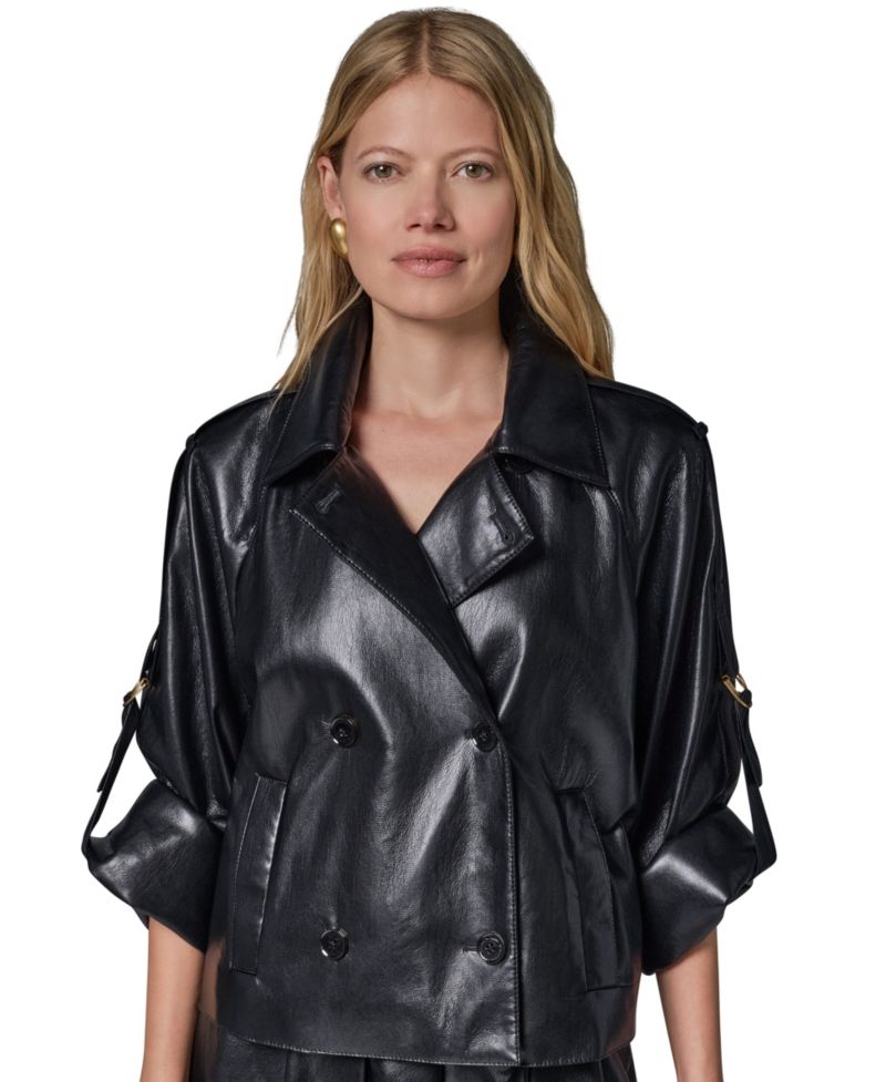 Petite Faux Leather Roll-Sleeve Collared Short Jacket