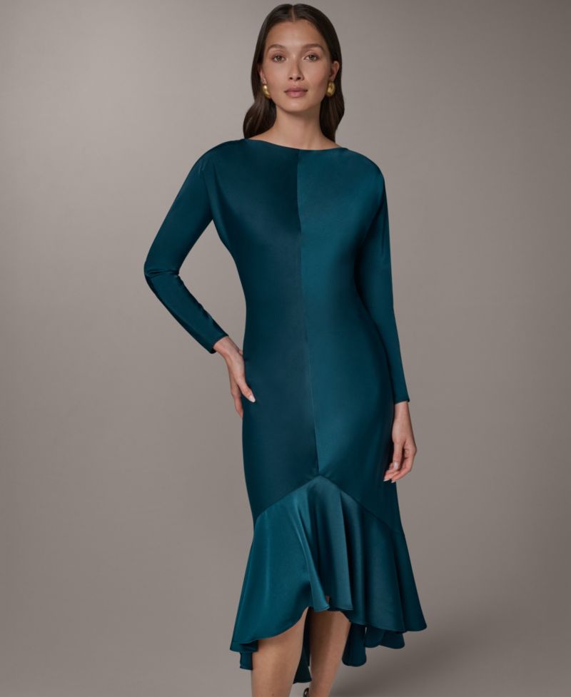 Women's Long-Sleeve Satin High-Low Flounce Hem Dress