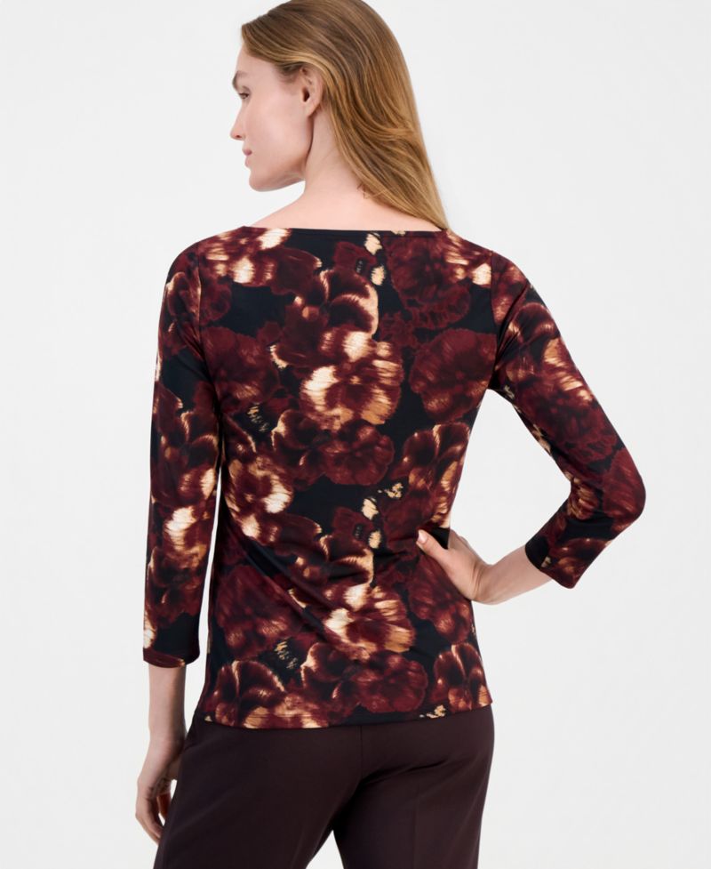 Petite Printed Asymmetric-Neck 3/4-Sleeve Top