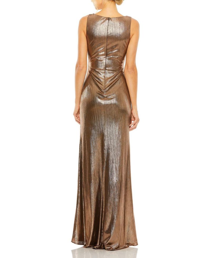 Women's Metallic Ruched Detail Front Slip V Neck Gown