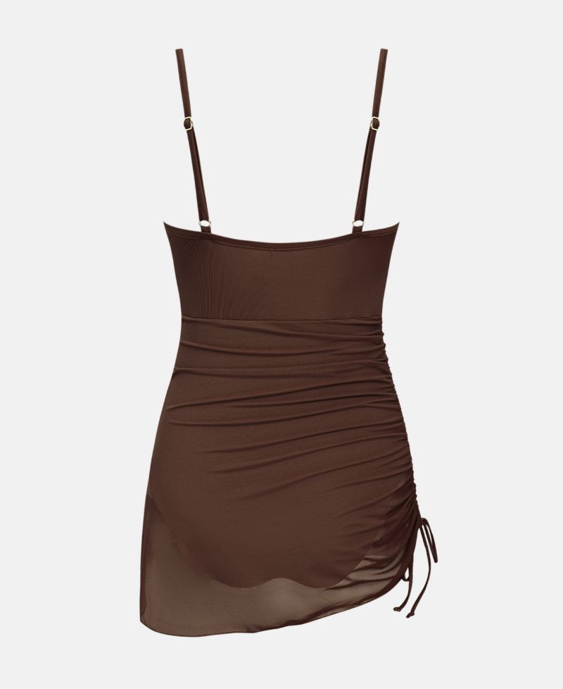 Women's V-Neck Mesh Ruched Swim Dress