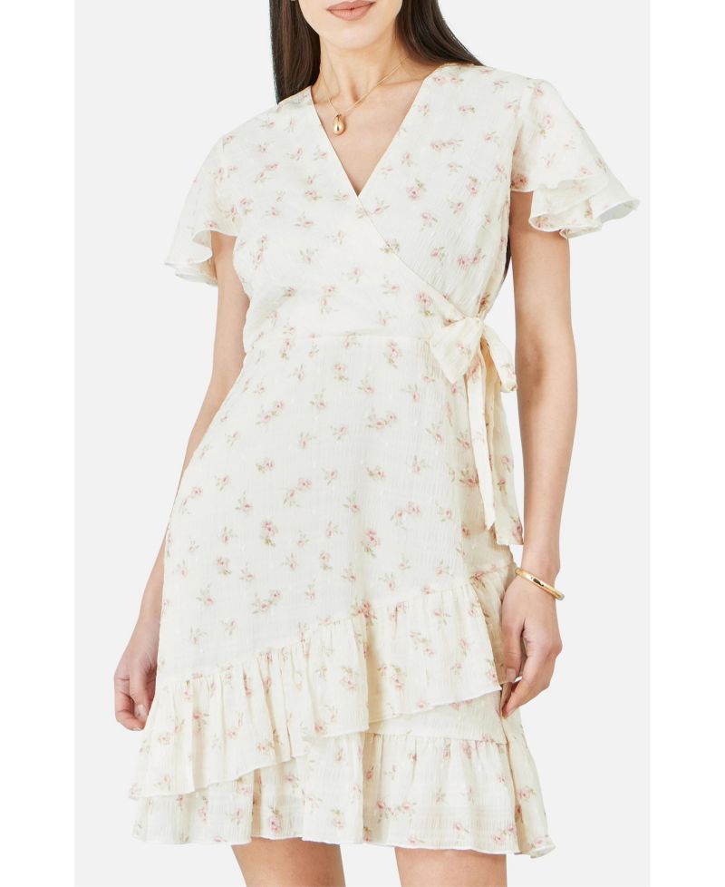 Women's Rose Print Wrap Over Frill Dress