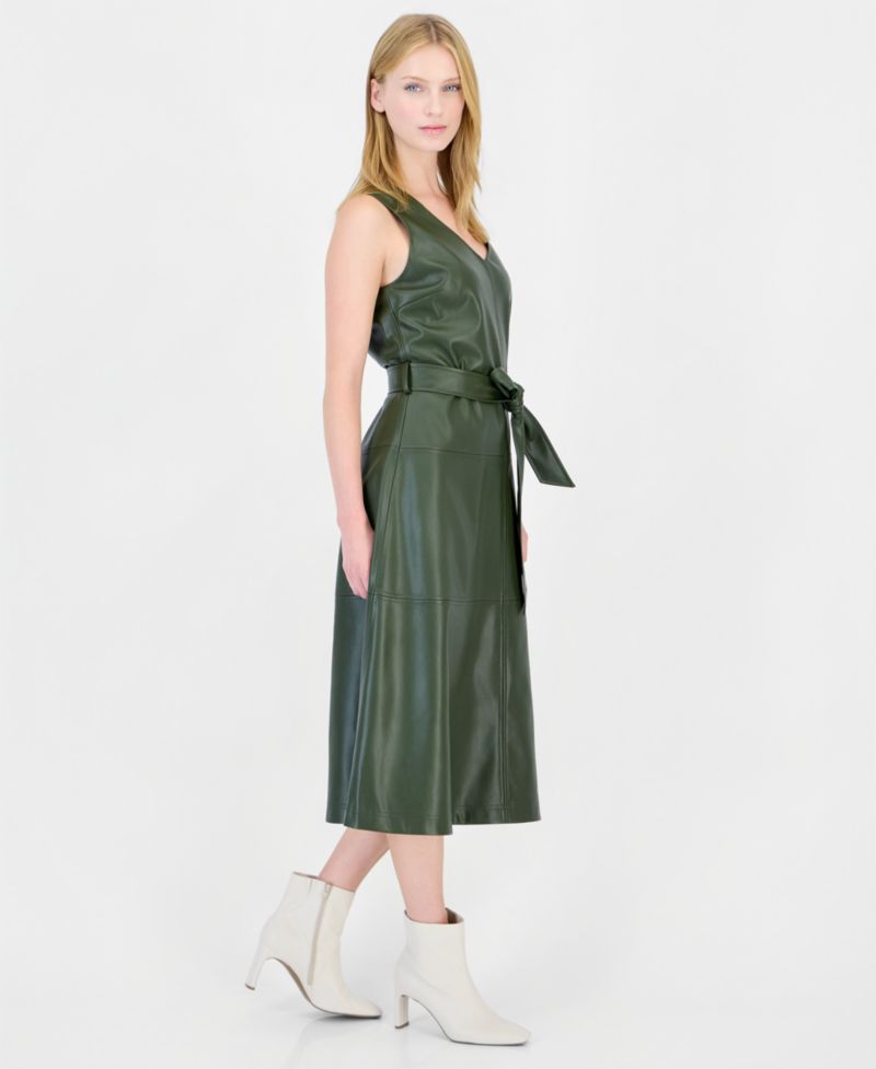 Women's Faux Leather Tiered V-Neck Midi Dress