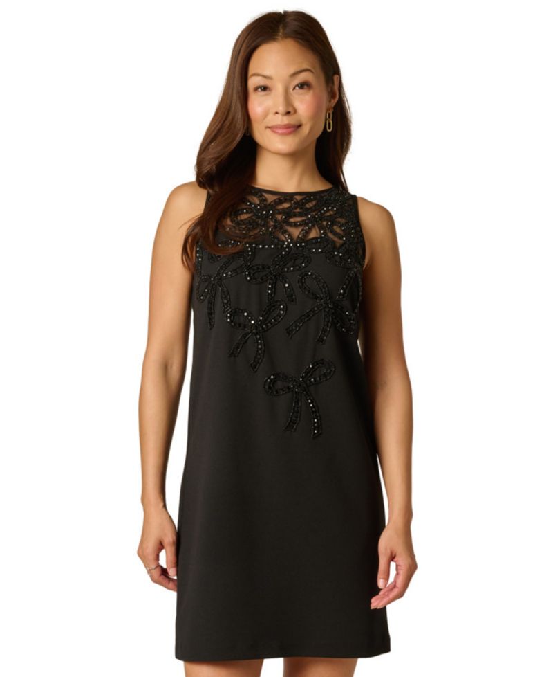 Women's Bow Bead Boat Neck Crepe Dress