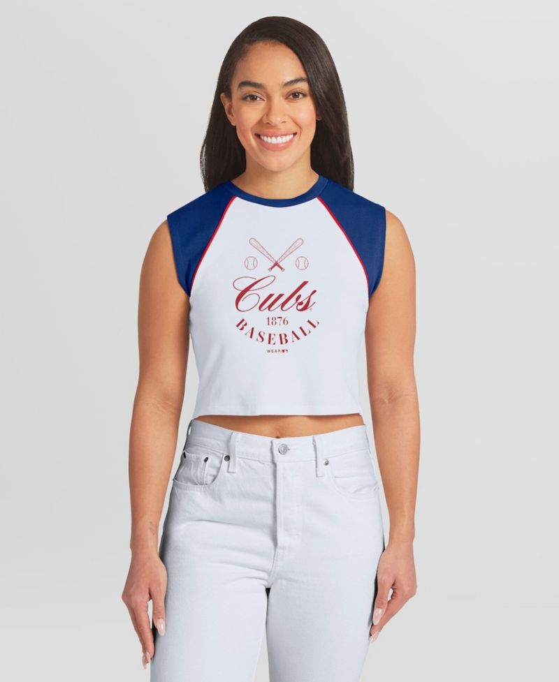 Women's White Chicago Cubs Cooperstown Cropped Raglan Tank Top