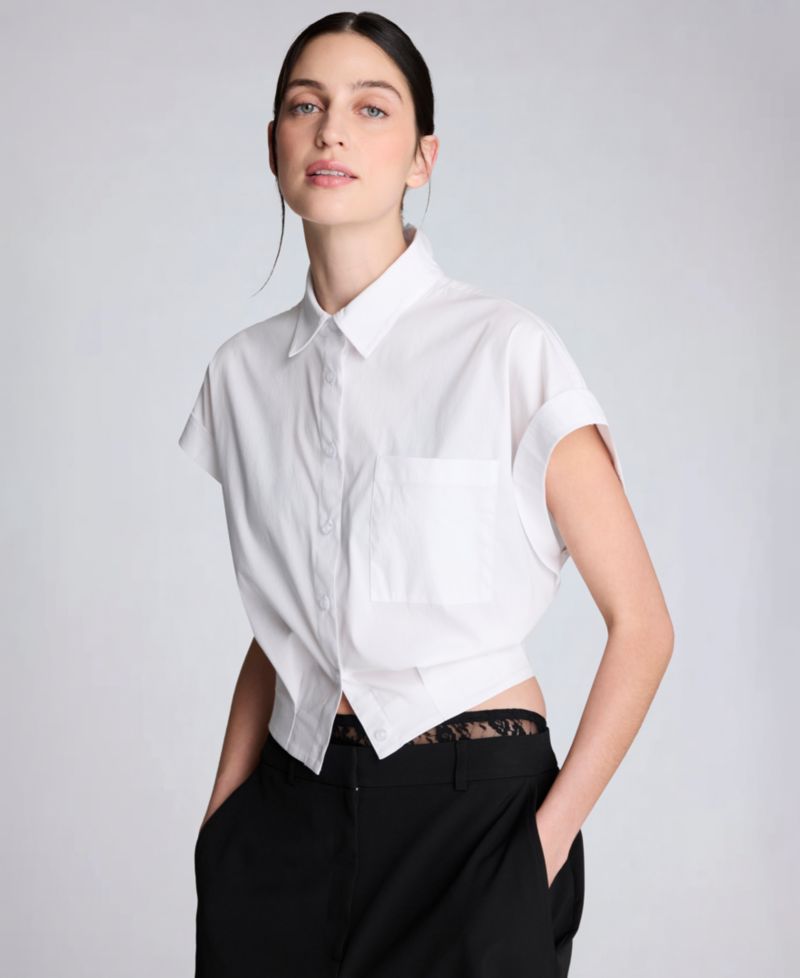 Women's Short-Sleeve Button-Front Collared Cropped Shirt