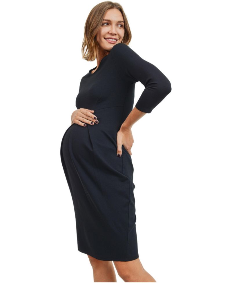 Women's 3/4 Sleeve Round Neck Front Pleat Dress
